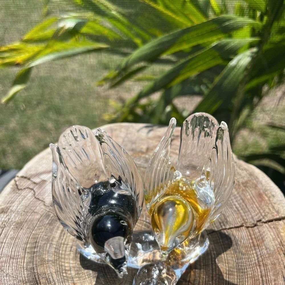 Murano Dove Birds Amber and Black on branch vintage